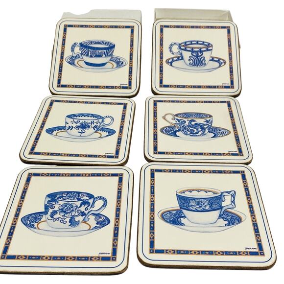 NEW Vintage Pimpernel Coasters Blue/White Teacups Boxed Set of 6 Cork England - Picture 4 of 11